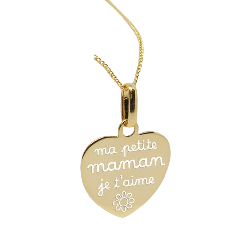 Exemple d'inspiration de pendentif cœur doré portant le message gravé ma petite maman je t'aime